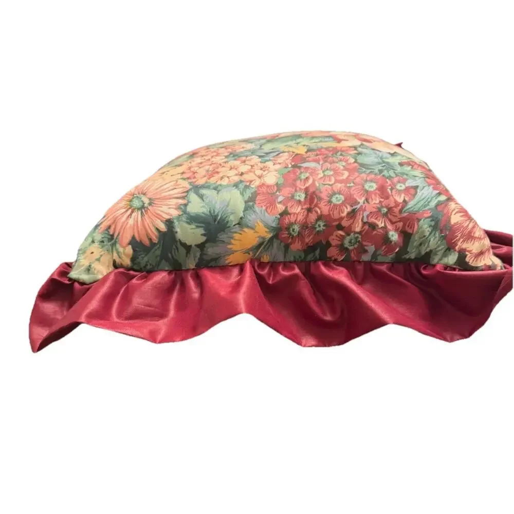 VINTAGE Floral Satin Ruffled Edge Throw Pillow 18” X 18” Maroon Red 3390-20